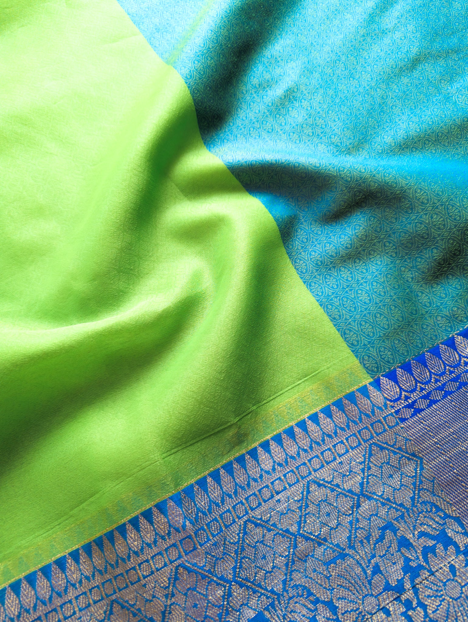 Banarasi Semi Silk Saree With Contrast Satin Skirt Border-Green