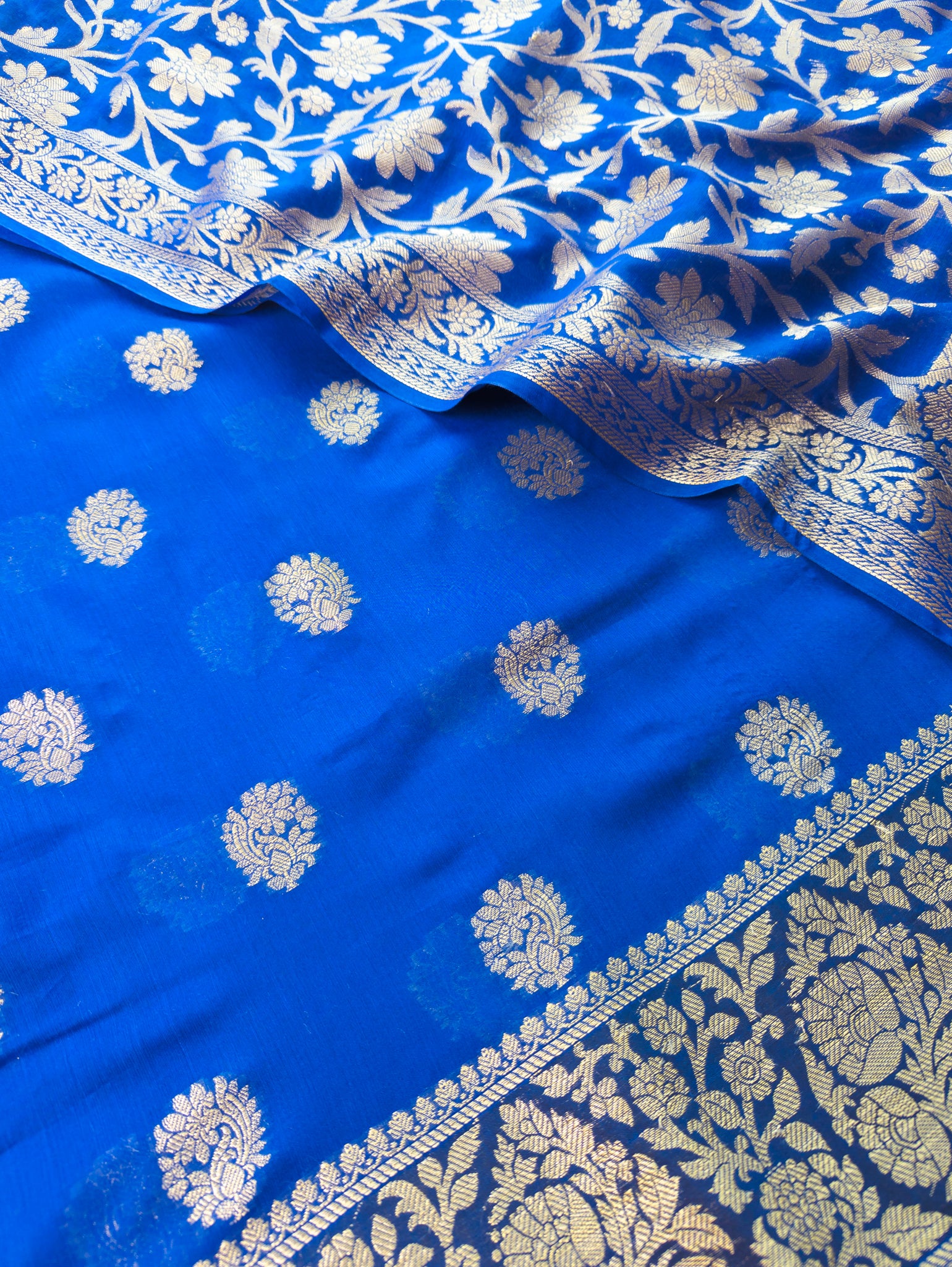 Banarasi Chanderi Cotton Salwar Kameez Material With Jaal Weaving Dupatta-Royal Blue