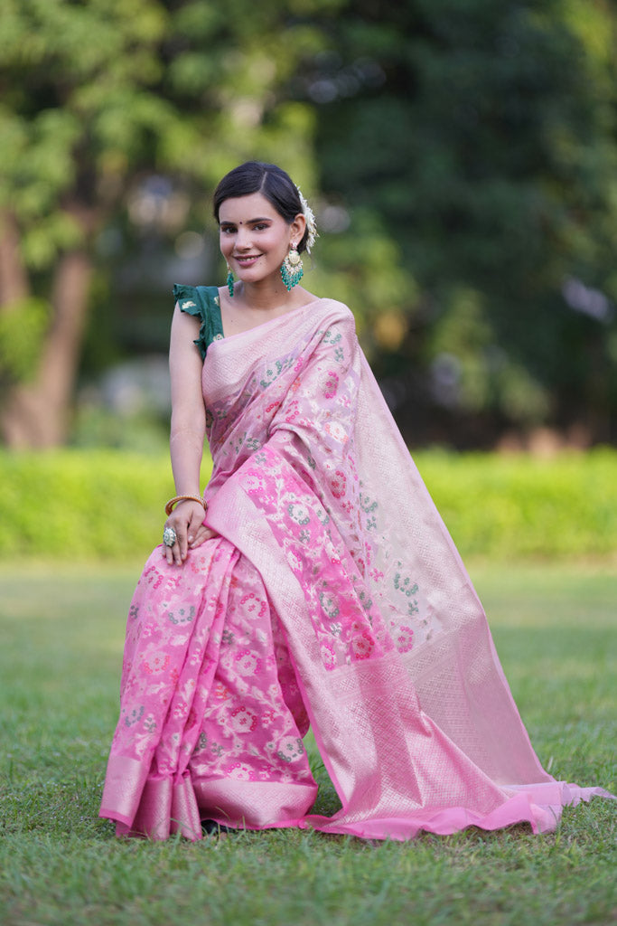 Banarasi Shaded Semi Silk Saree With Heavy Jaal Zari & Meena Weaving-Pink