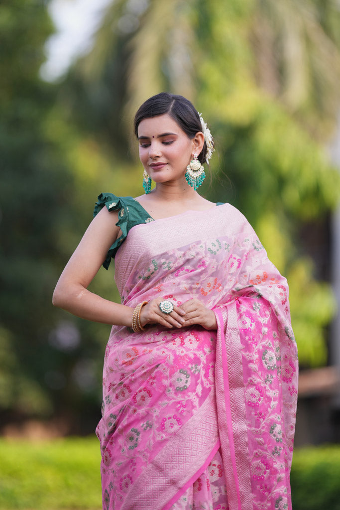 Banarasi Shaded Semi Silk Saree With Heavy Jaal Zari & Meena Weaving-Pink