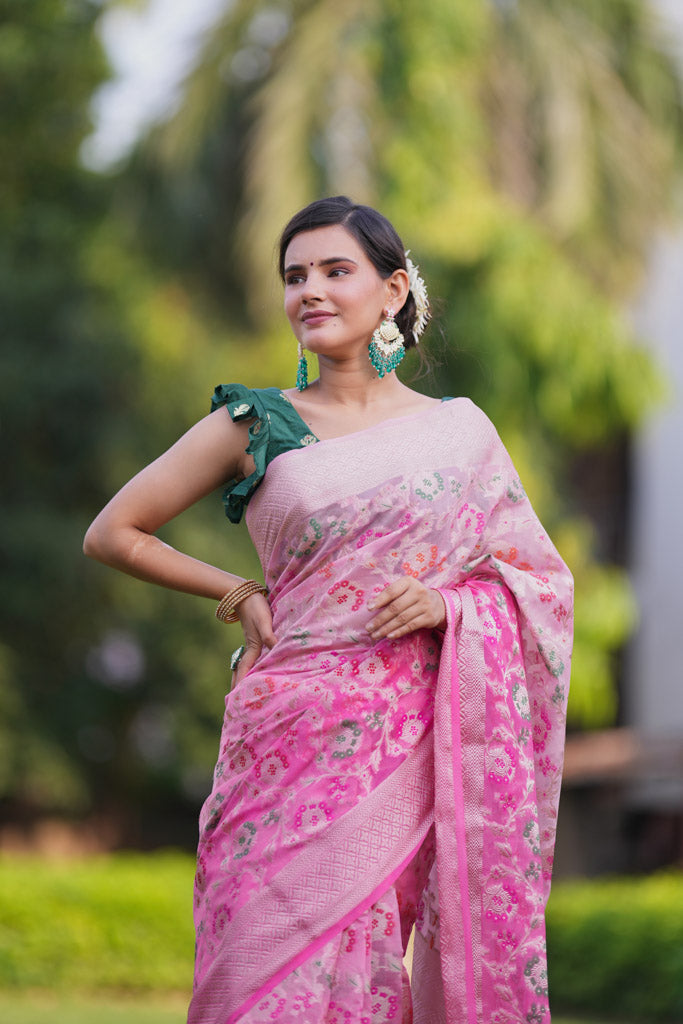 Banarasi Shaded Semi Silk Saree With Heavy Jaal Zari & Meena Weaving-Pink