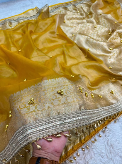 Banarasi Ghungroo Work Tissue Saree with Lace Border - Yellow