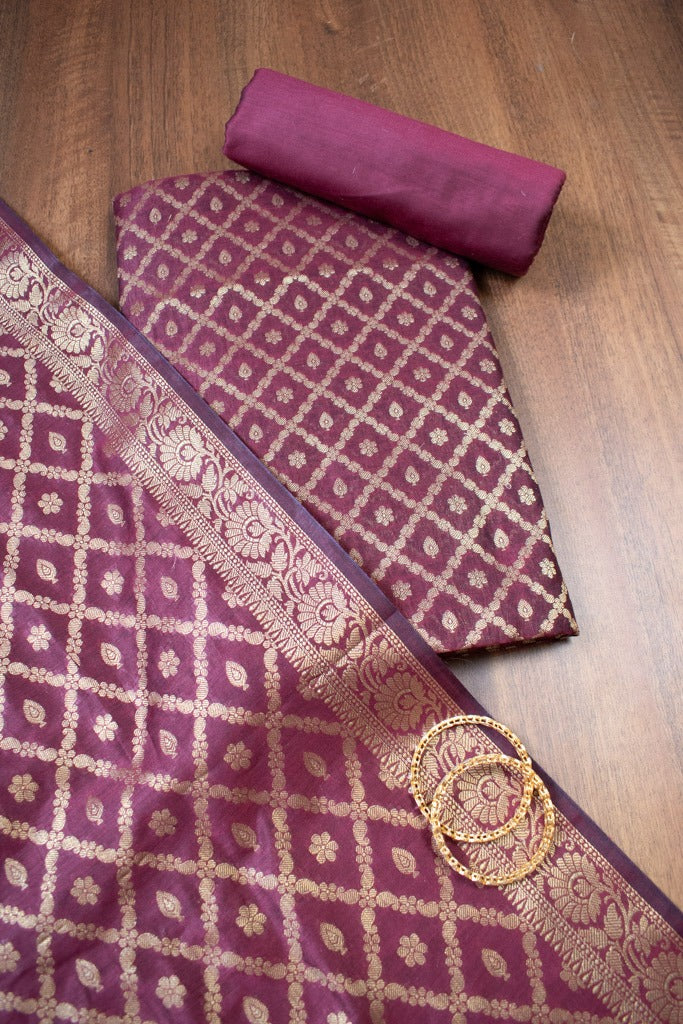 Banarasi Cotton Silk Zari Weaving Salwar Kameez Material-Wine