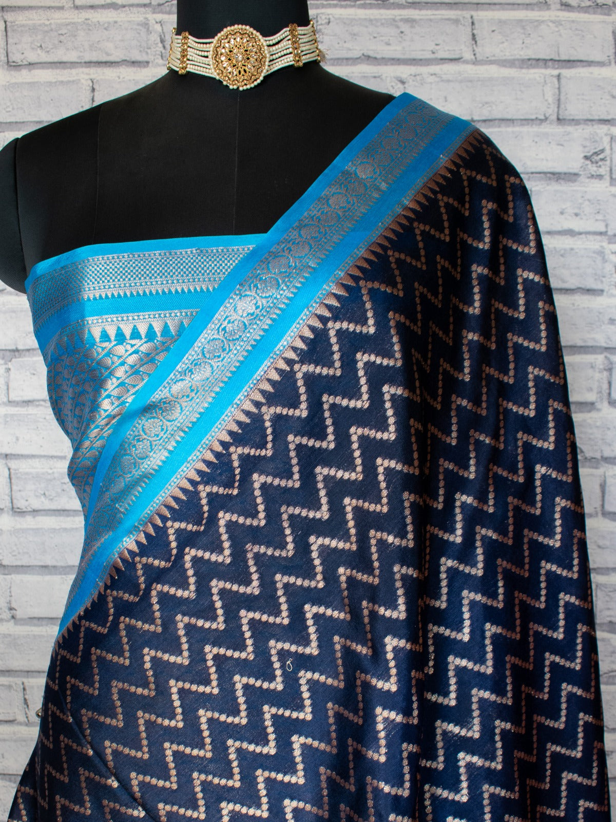 Banarasi Cotton Silk Saree With Silver Zari Border-Blue