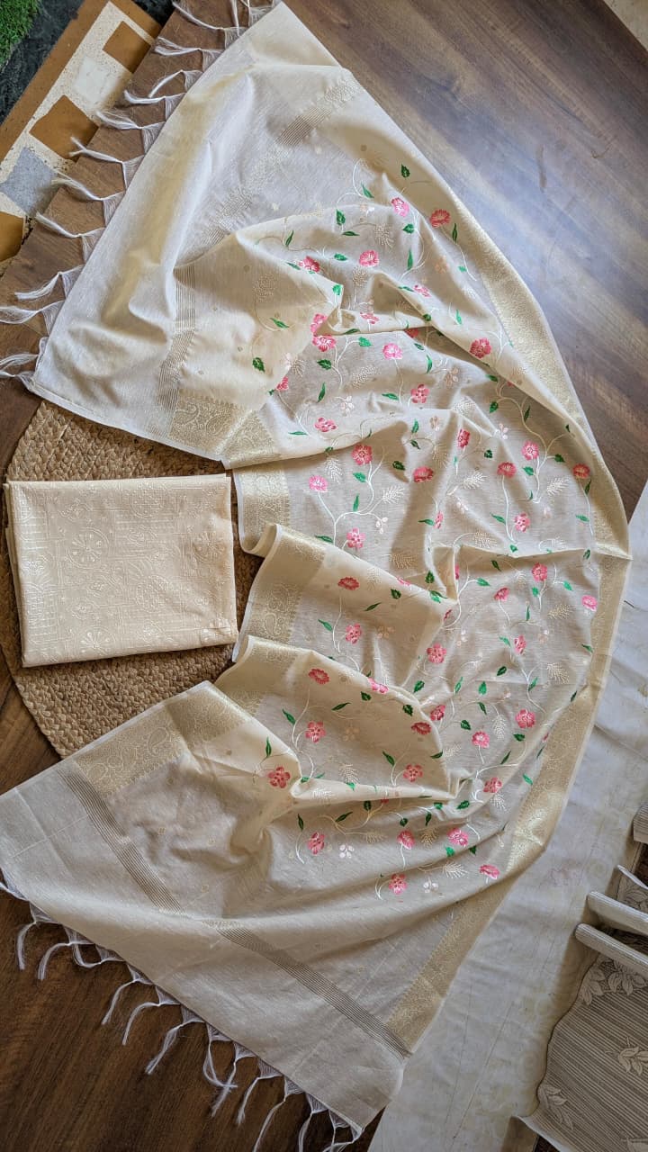 Cotton silk salwar kameez fabric with embroidery dupatta (off white)