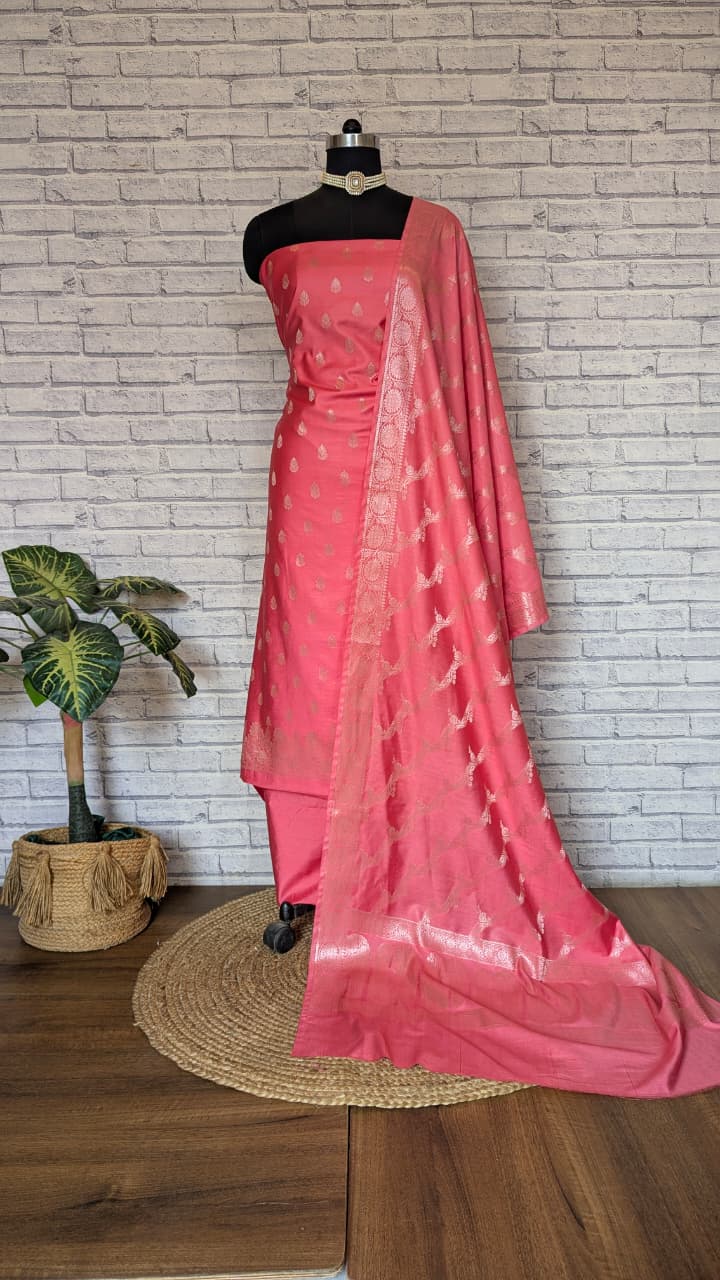 Cotton silk salwar kameez fabric zari work (peach)