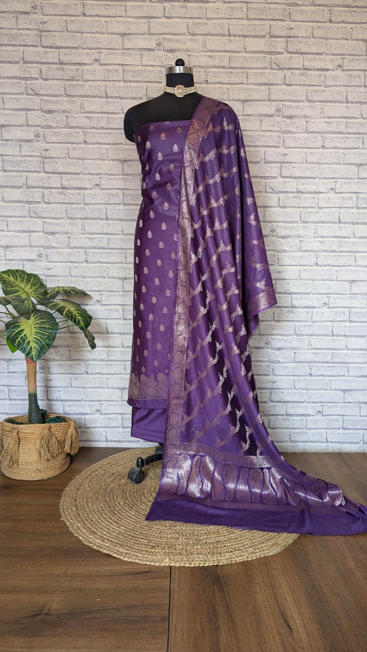 Cotton silk salwar kameez fabric zari work (purple)