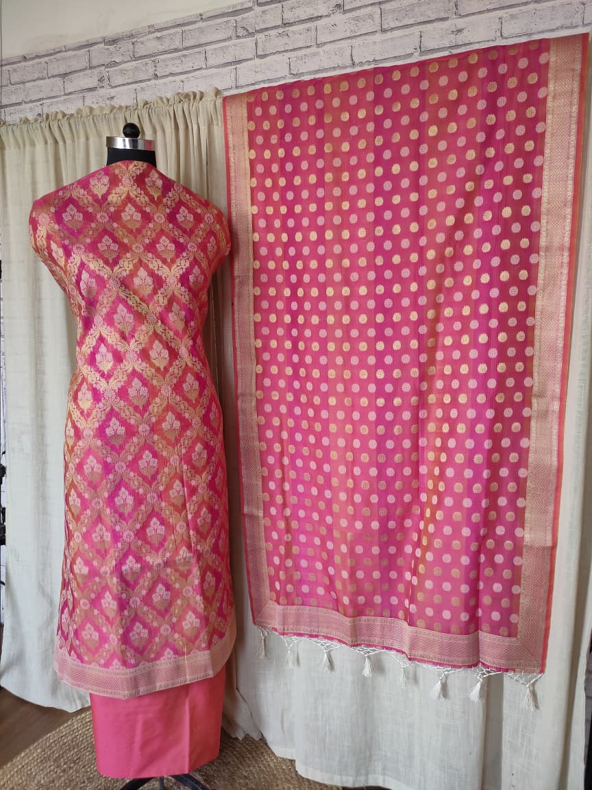 Dual Shade Cotton silk salwar kameez fabric in zari work-Pink & Orange