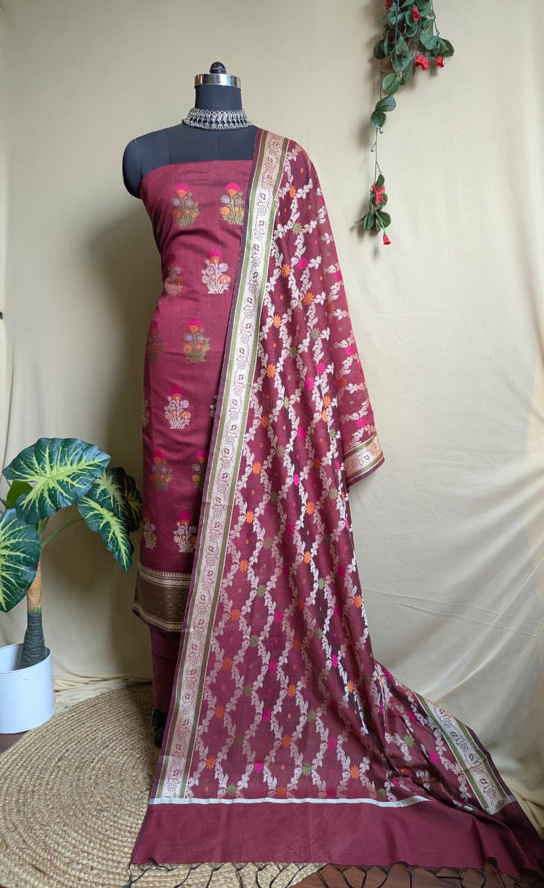 Cotton silk salwar kameez fabric in resham work - Deep Maroon