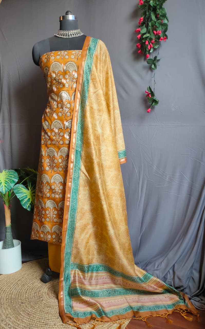Digital Print salwar kameez fabric in resham work (Mustard Yellow)
