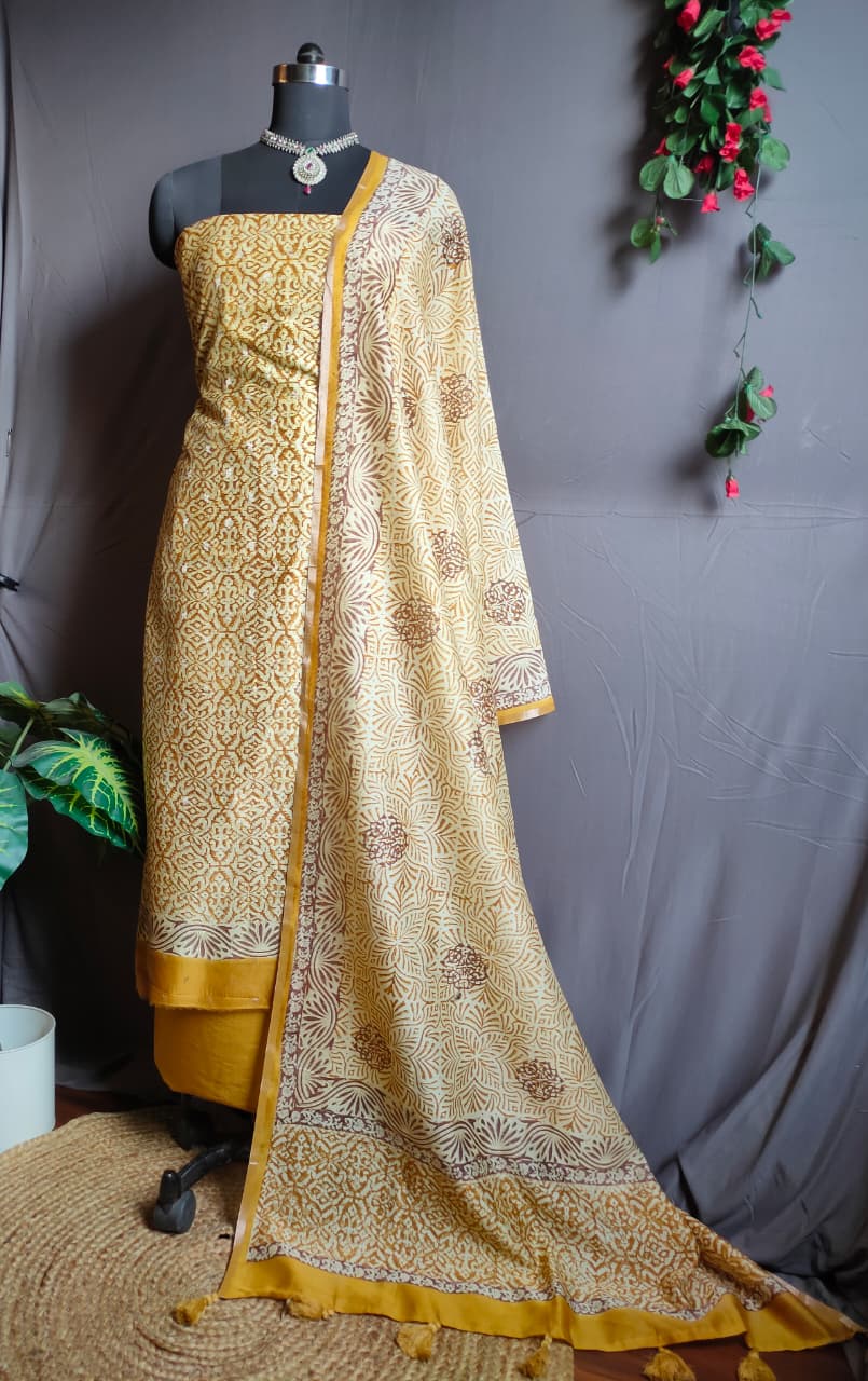 Digital print salwar kameez fabric in resham work-Mustard Yellow