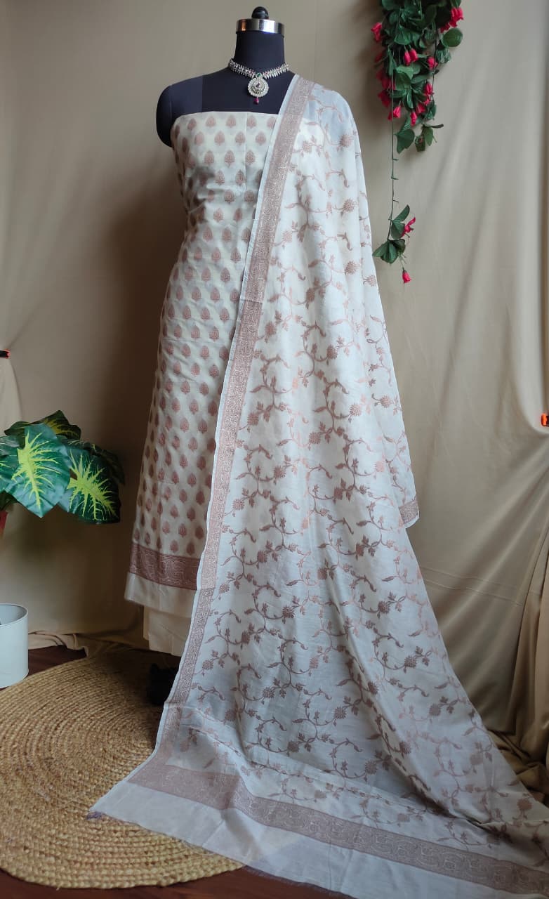 Cotton silk salwar kameez fabric in resham work-White