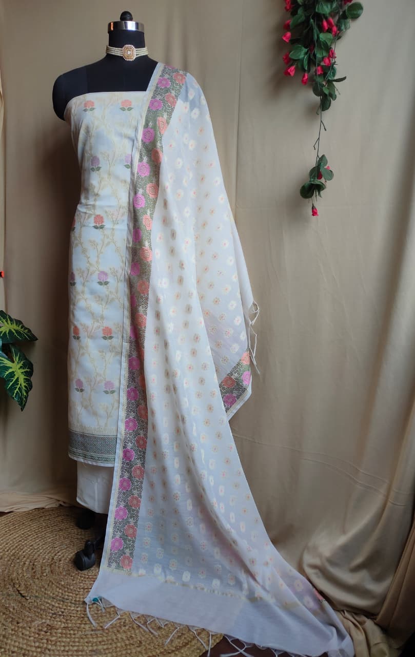 Cotton silk salwar kameez fabric in resham work-White