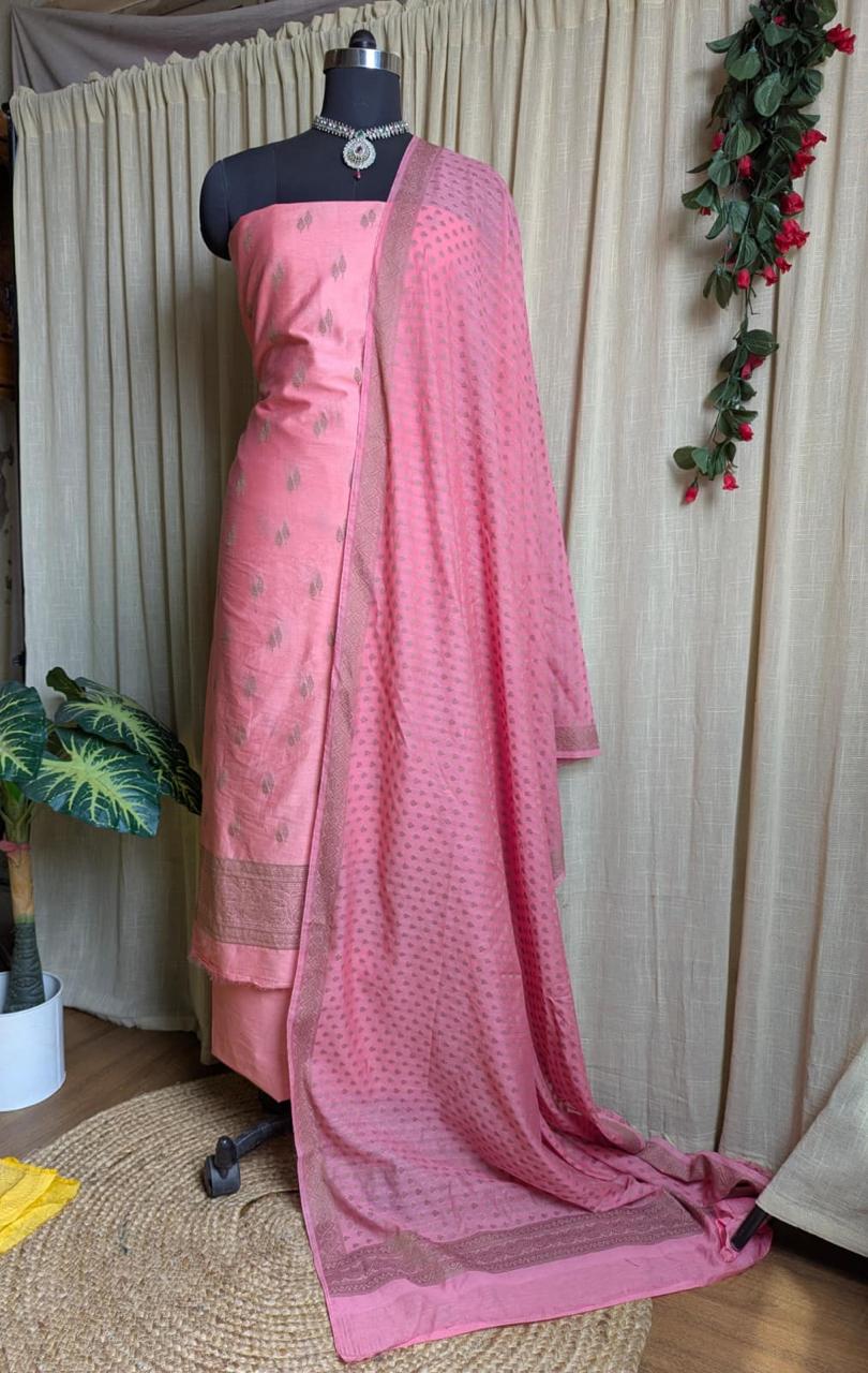 Cotton silk salwar kameez fabric in resham work-Pink