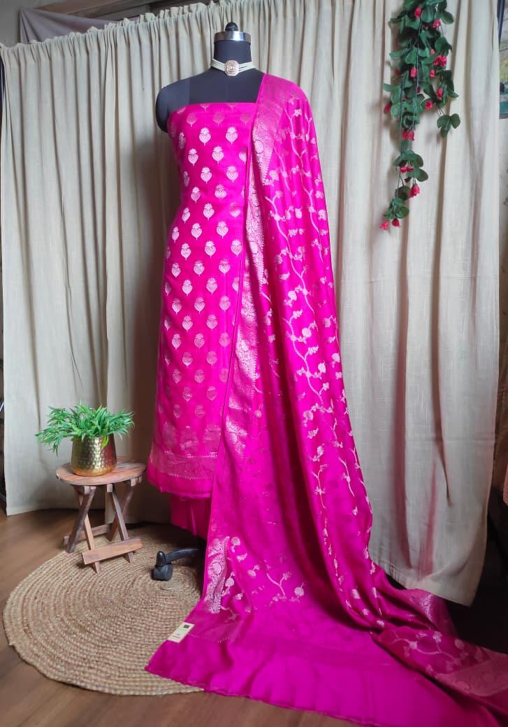 Banarasi Pure Chiniya Salwar Kameez Fabric-Hot Pink