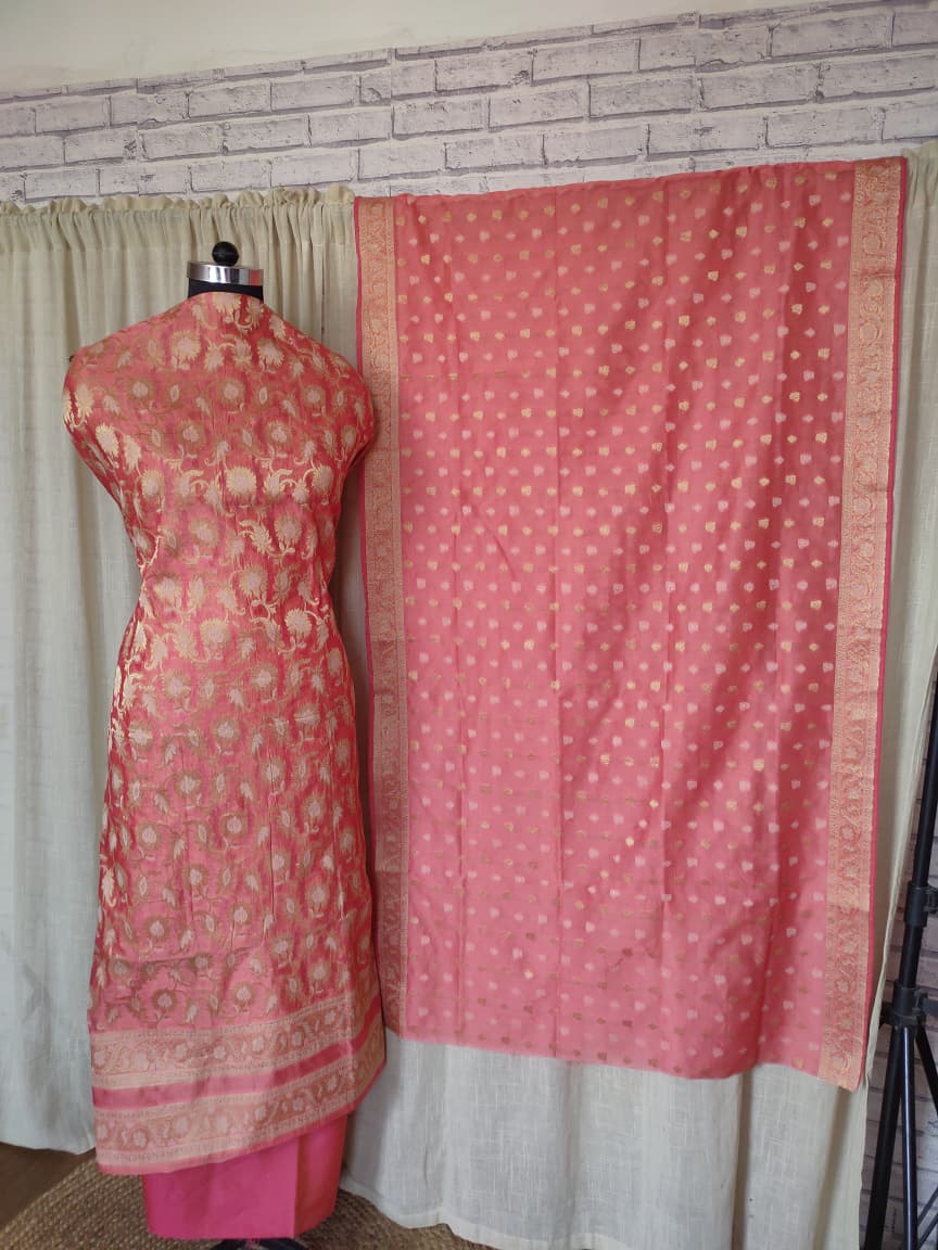 Cotton silk salwar kameez fabric in zari work-Coral Pink
