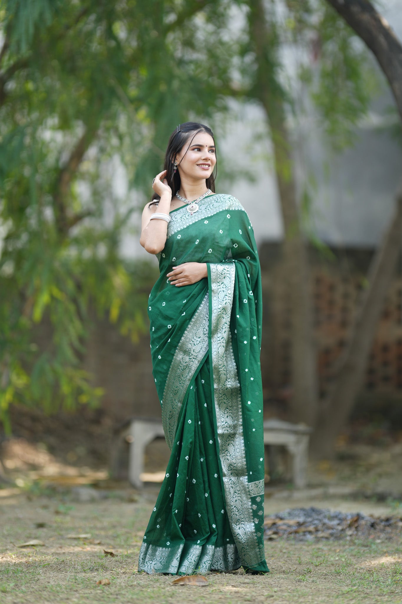 Banarasi Soft Cotton Saree With Silver Zari Border-Green