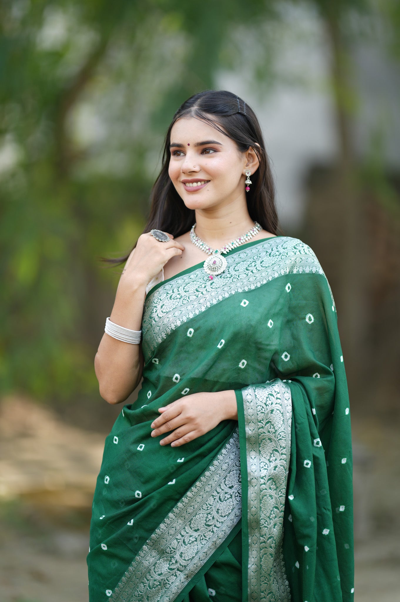 Banarasi Soft Cotton Saree With Silver Zari Border-Green