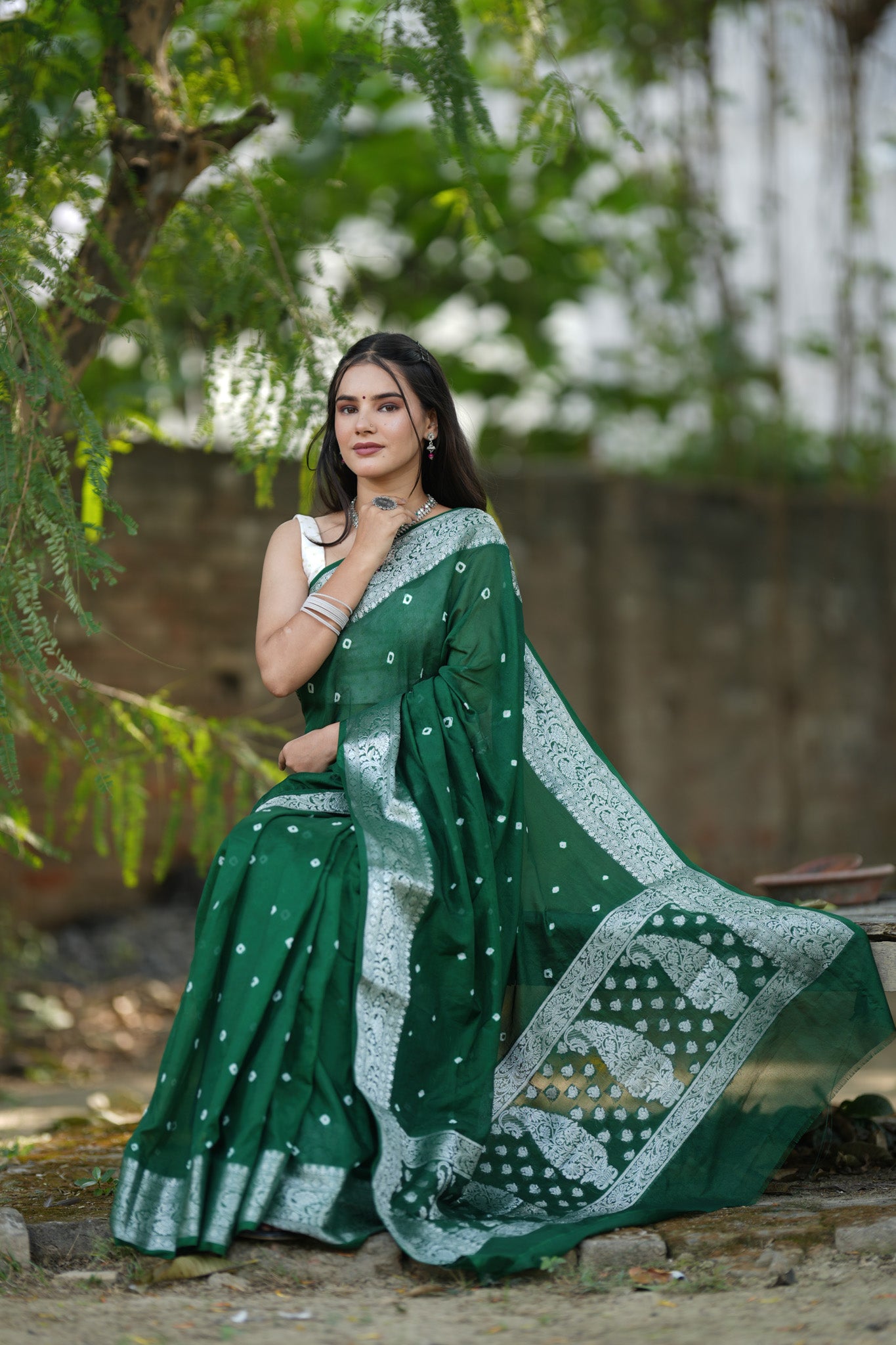 Banarasi Soft Cotton Saree With Silver Zari Border-Green