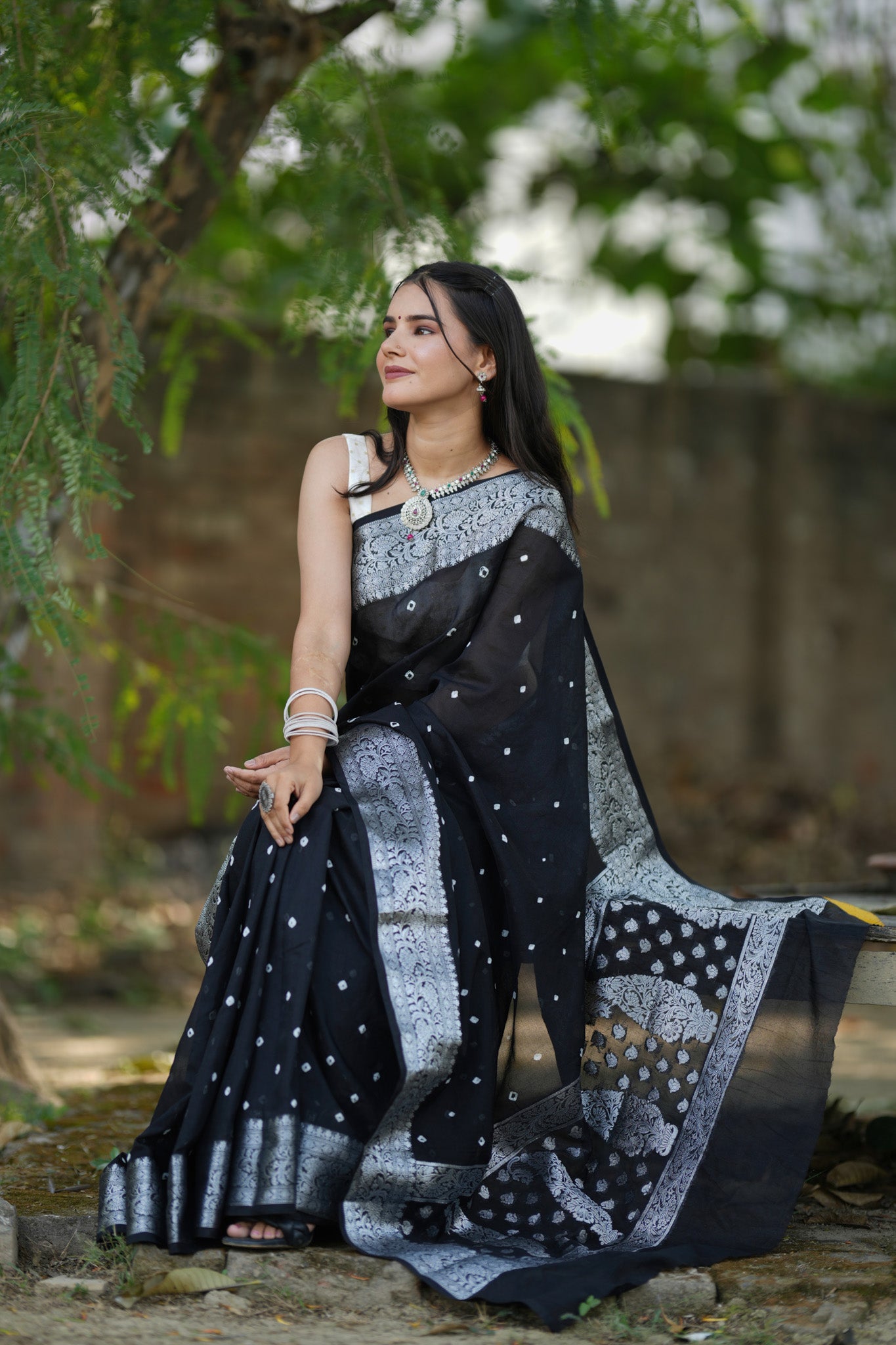 Banarasi Soft Cotton Saree With Silver Zari Border-Black