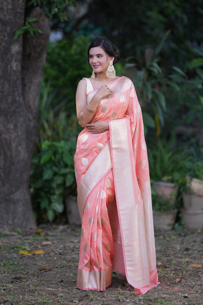Banarasi Art Katan Silk Saree With Zari Buti Weaving-Light Pink