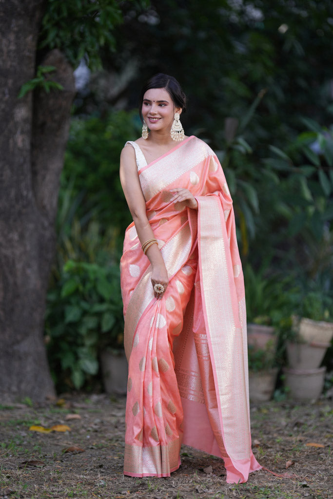 Banarasi Art Katan Silk Saree With Zari Buti Weaving-Light Pink