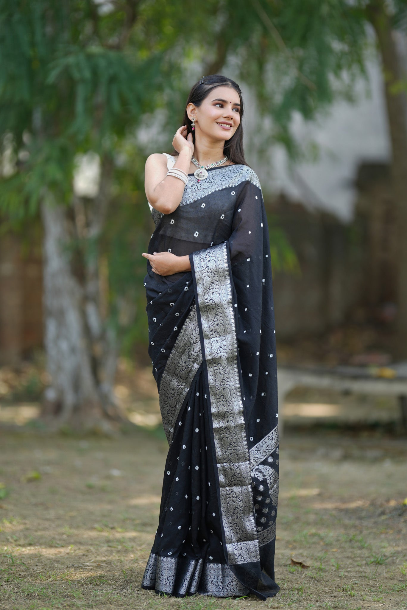 Banarasi Soft Cotton Saree With Silver Zari Border-Black