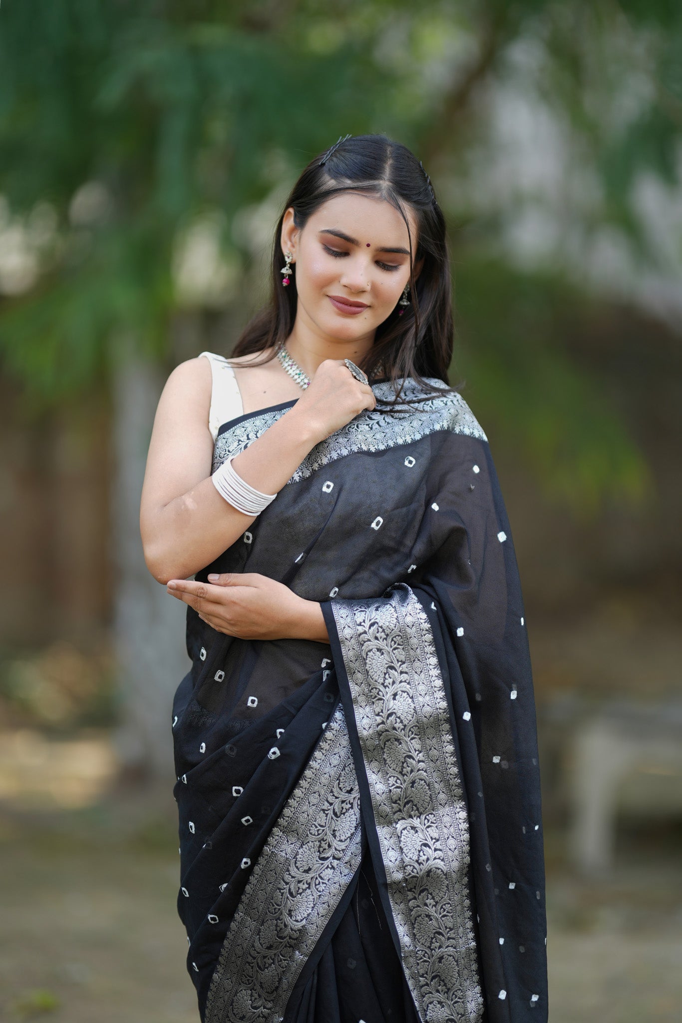 Banarasi Soft Cotton Saree With Silver Zari Border-Black