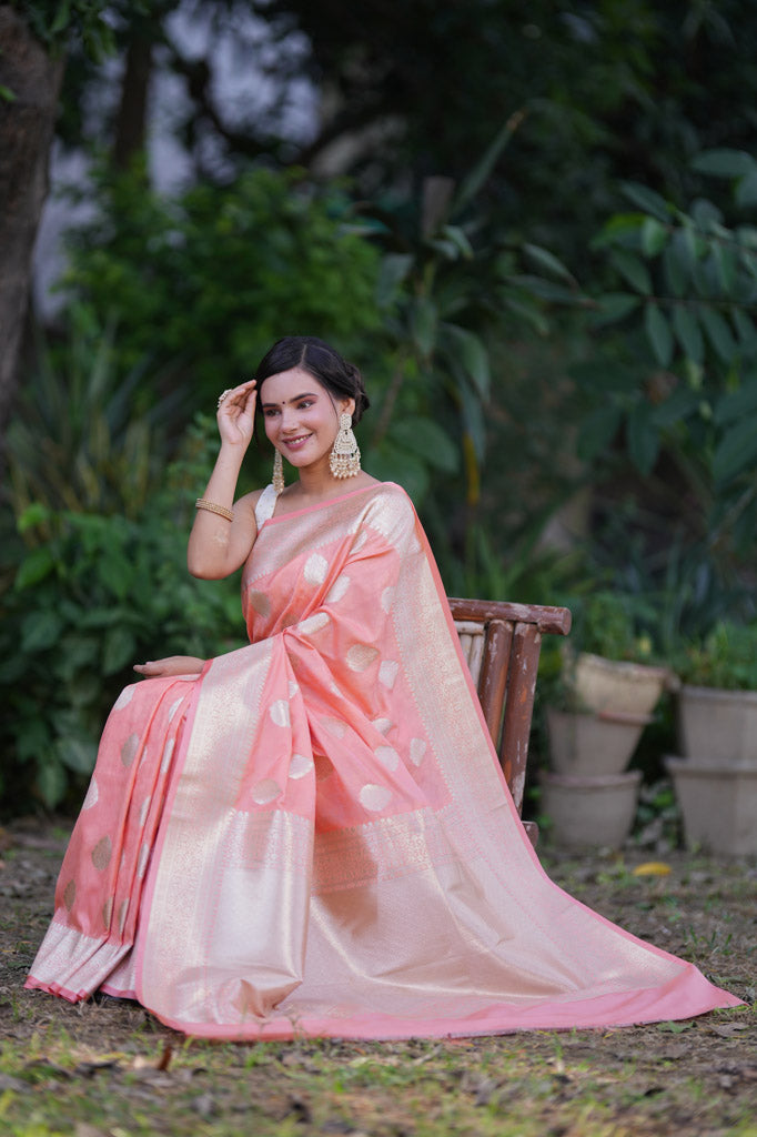 Banarasi Art Katan Silk Saree With Zari Buti Weaving-Light Pink