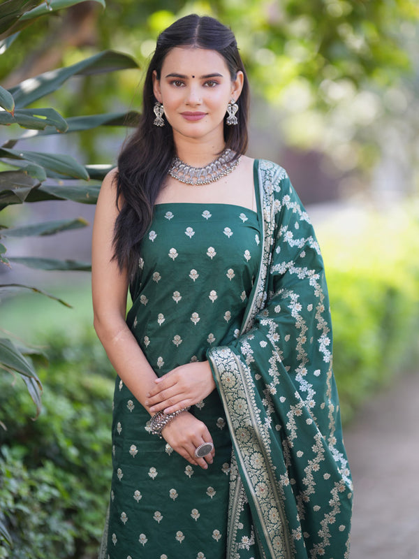 Banarasi Silk Salwar Kameez Fabric With Silver Zari Weaving With Dupatta-Green