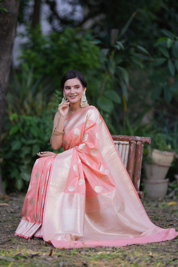 Banarasi Art Katan Silk Saree With Zari Buti Weaving-Light Pink
