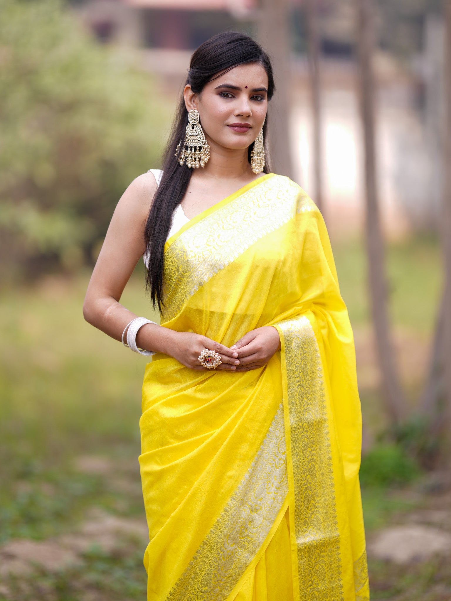 Banarasi Soft Cotton Plain Saree With Zari Border-Yellow