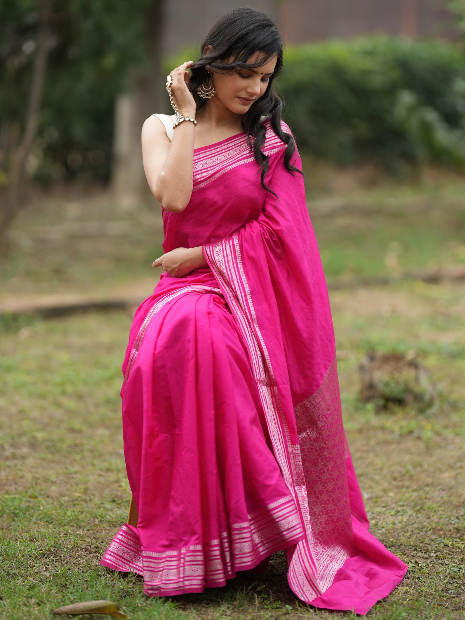 Banarasi Soft Cotton Plain Saree With Silver Weaving Border-Pink