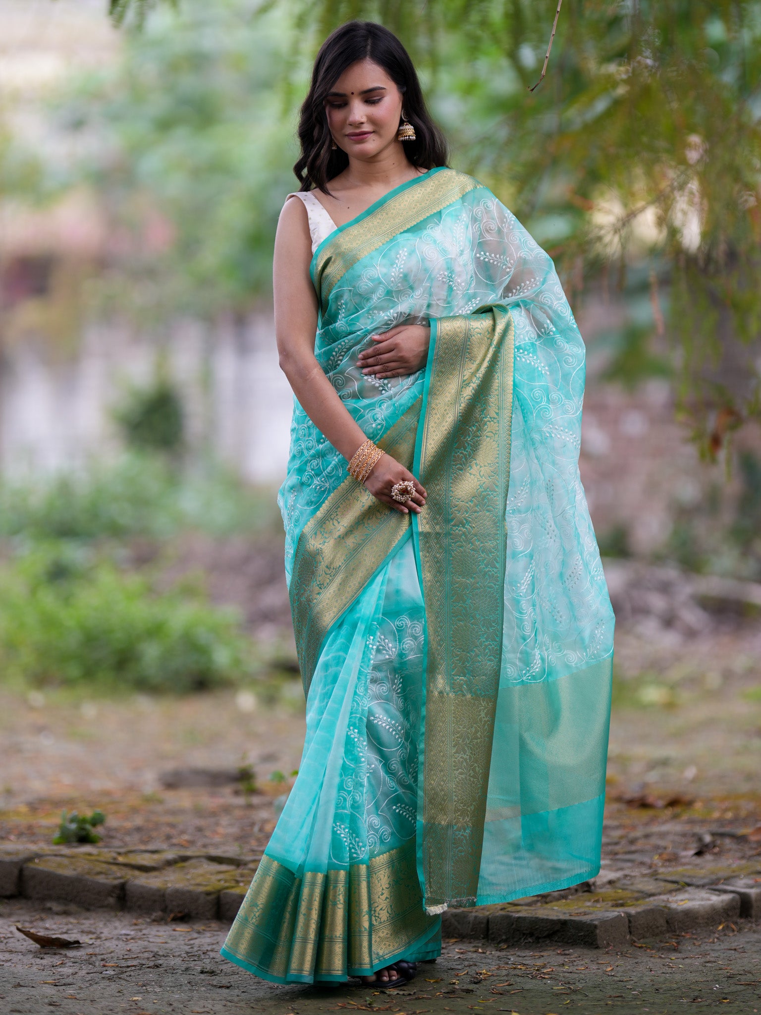 Banarasi Shibori Dyed Organza Saree With Embroidered Floral Design & Zari Border - Blue