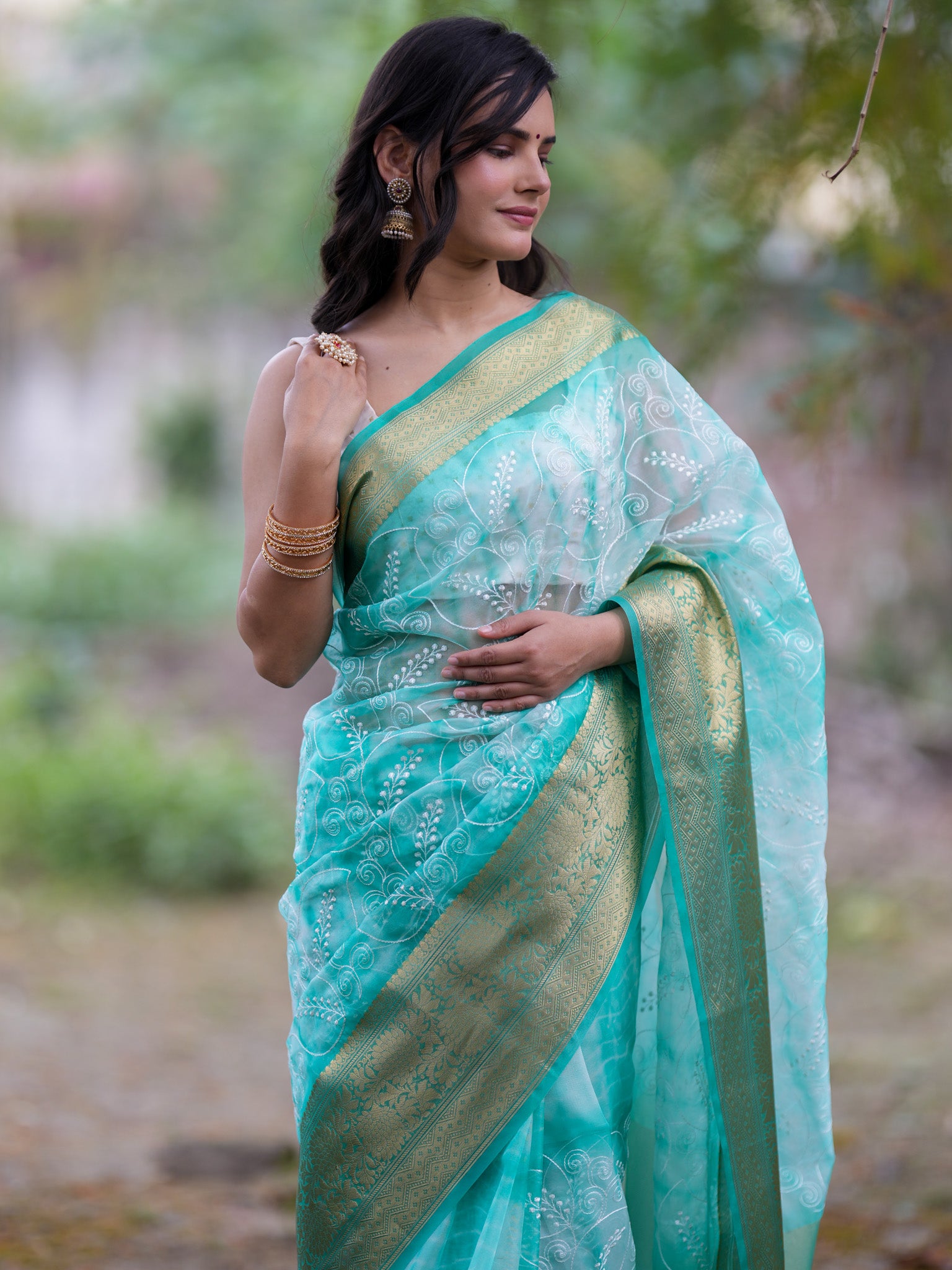 Banarasi Shibori Dyed Organza Saree With Embroidered Floral Design & Zari Border - Blue