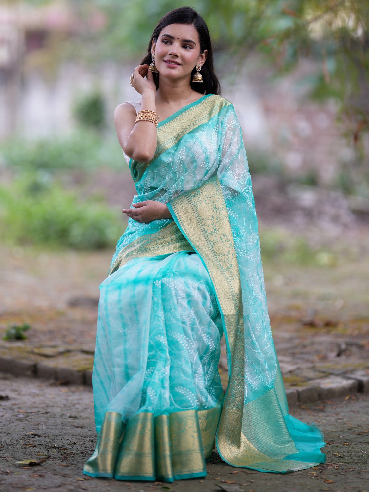 Banarasi Shibori Dyed Organza Saree With Embroidered Floral Design & Zari Border - Blue