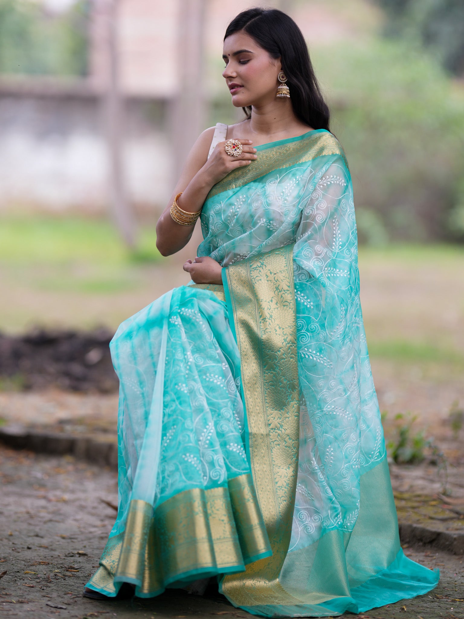 Banarasi Shibori Dyed Organza Saree With Embroidered Floral Design & Zari Border - Blue