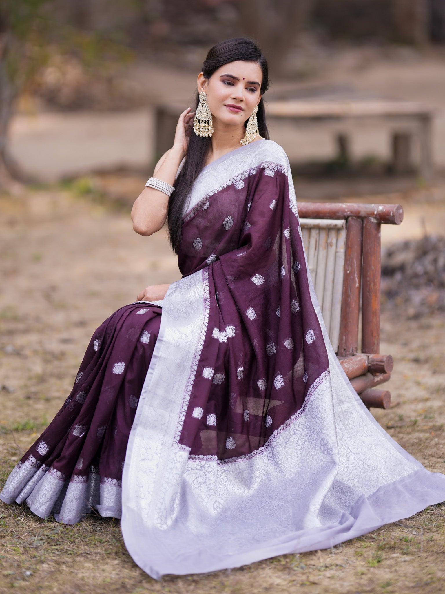 Banarasi Semi Chiffon Saree With Silver Zari Buti Weaving & Contrast Border-Wine