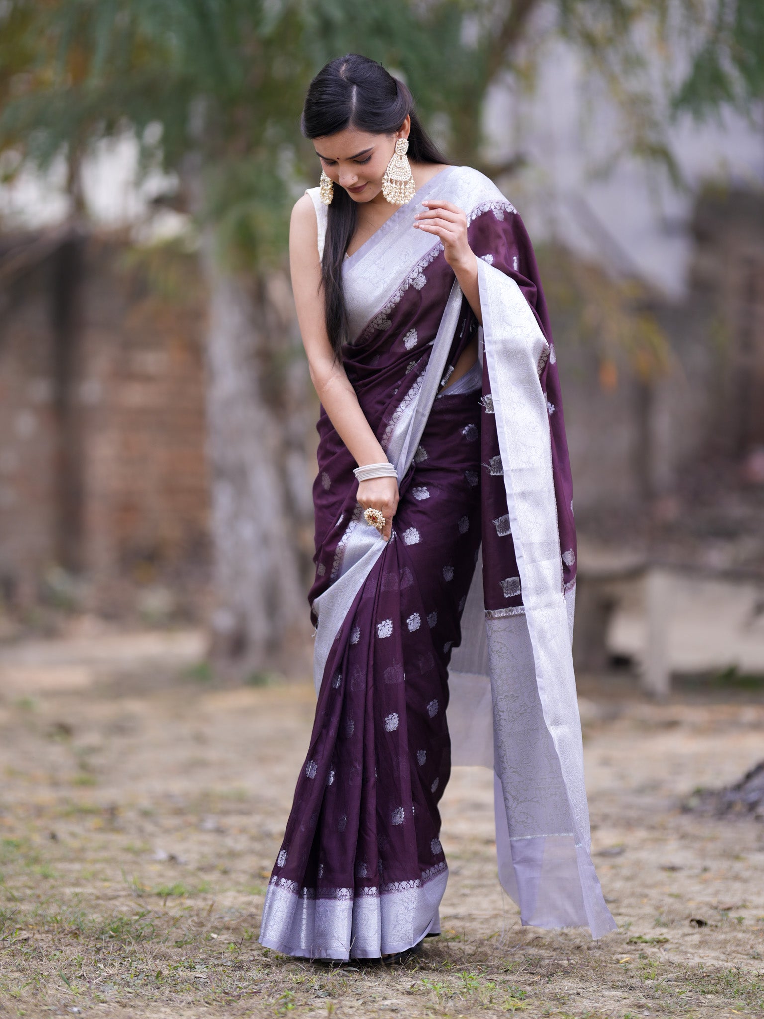 Banarasi Semi Chiffon Saree With Silver Zari Buti Weaving & Contrast Border-Wine
