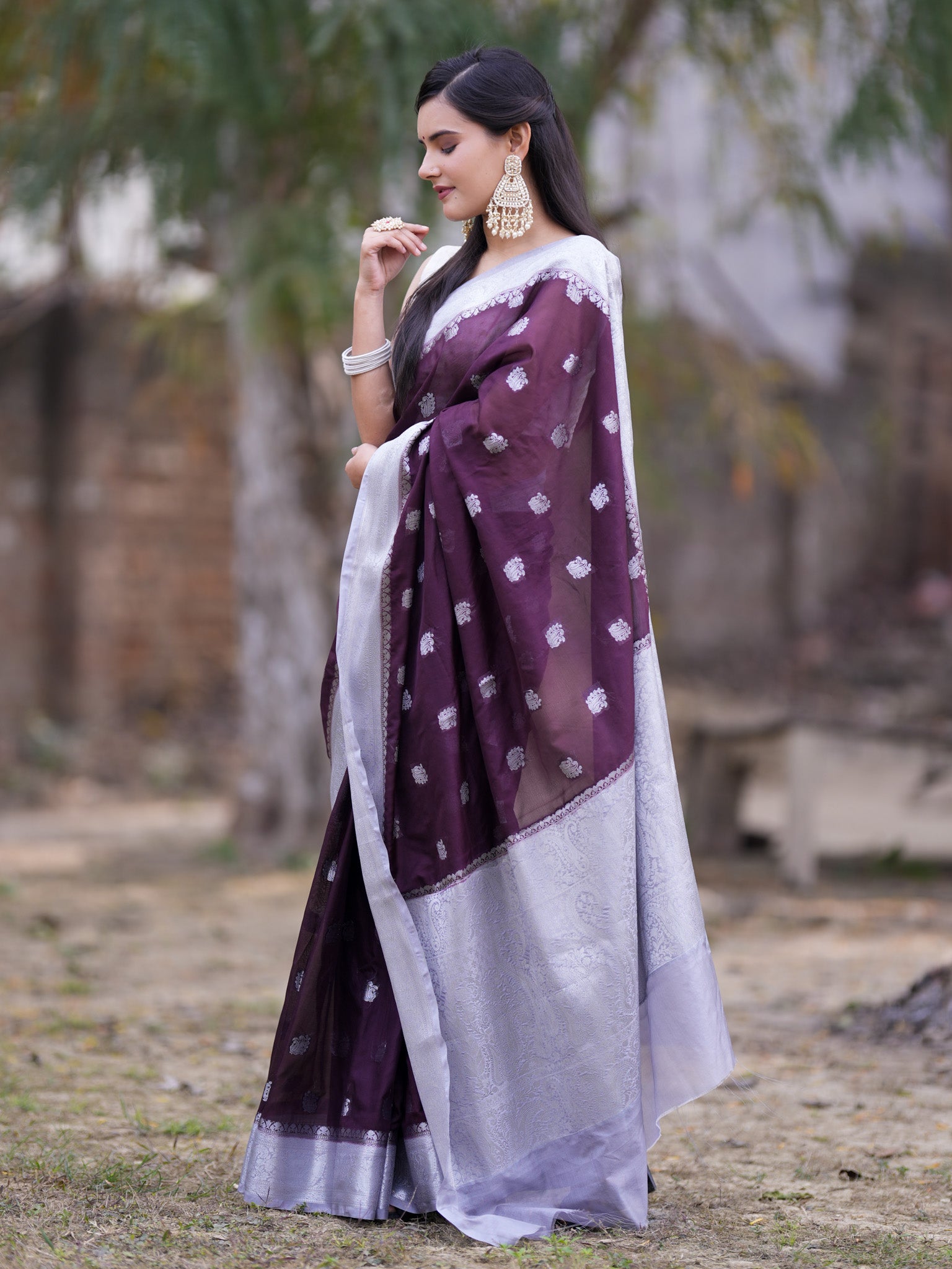 Banarasi Semi Chiffon Saree With Silver Zari Buti Weaving & Contrast Border-Wine