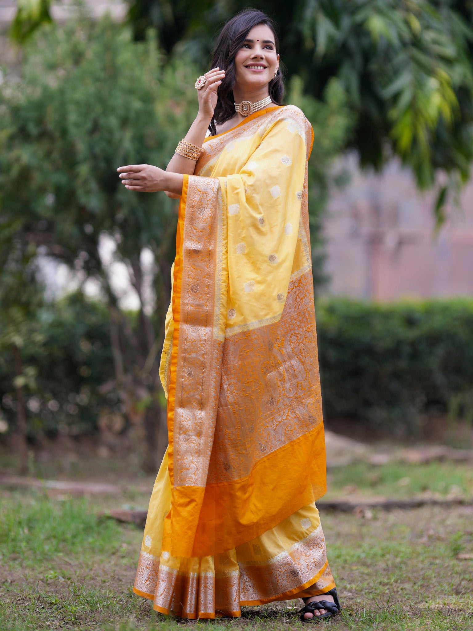 Banarasi Semi Silk Saree With Zari Border - Yellow