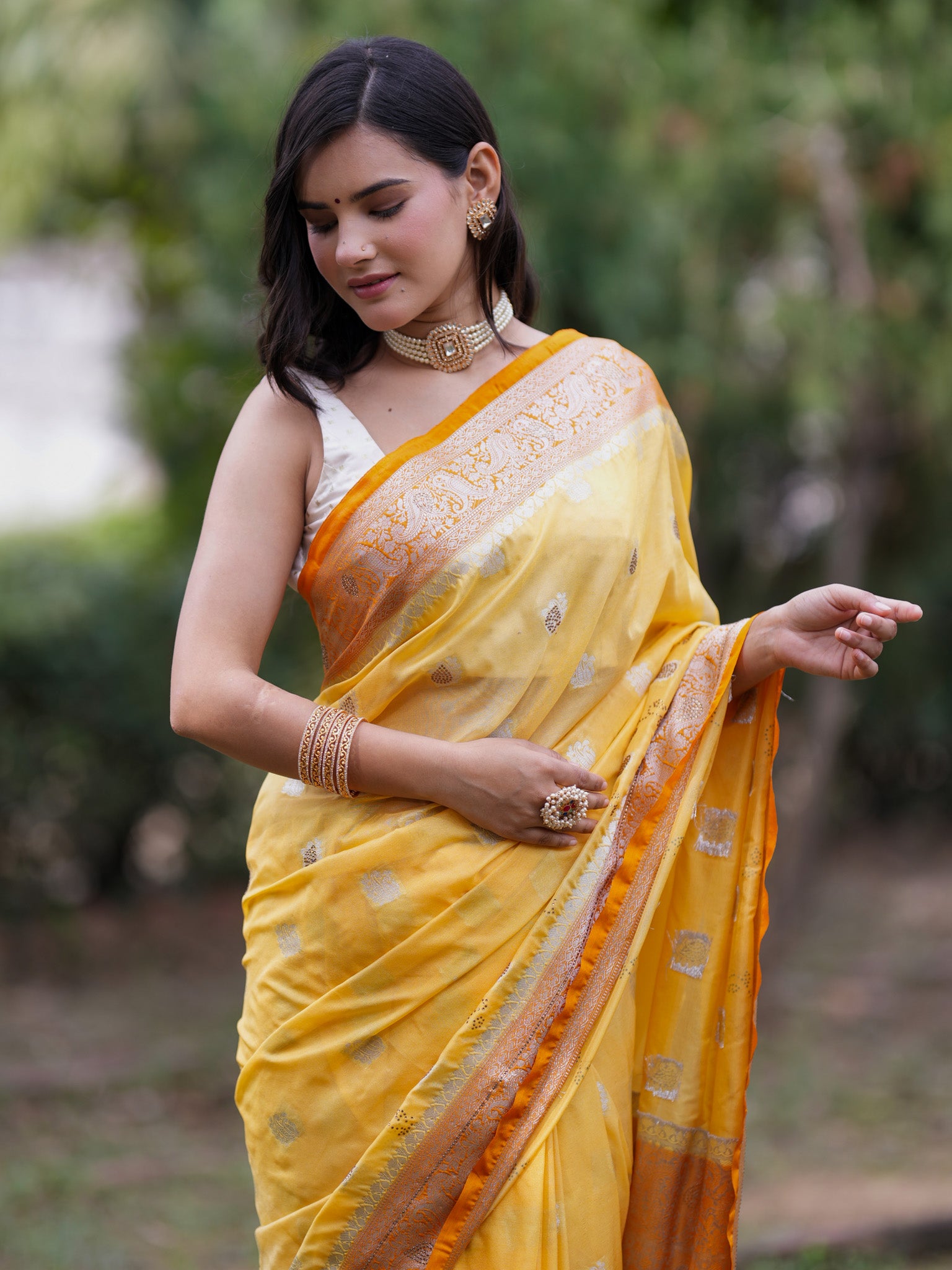 Banarasi Semi Silk Saree With Zari Border - Yellow
