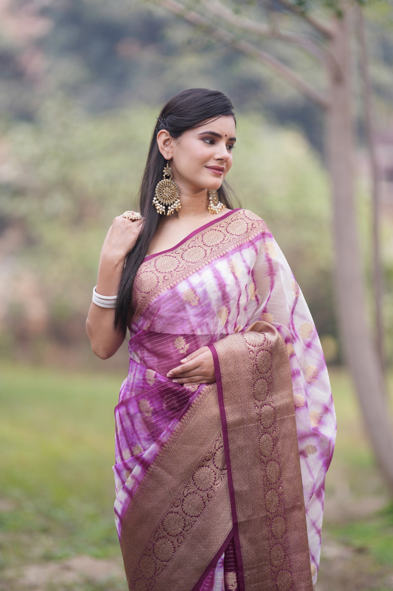 Banarasi Shibori Dyed Super Net Saree With Buti & Zari Border - Purple