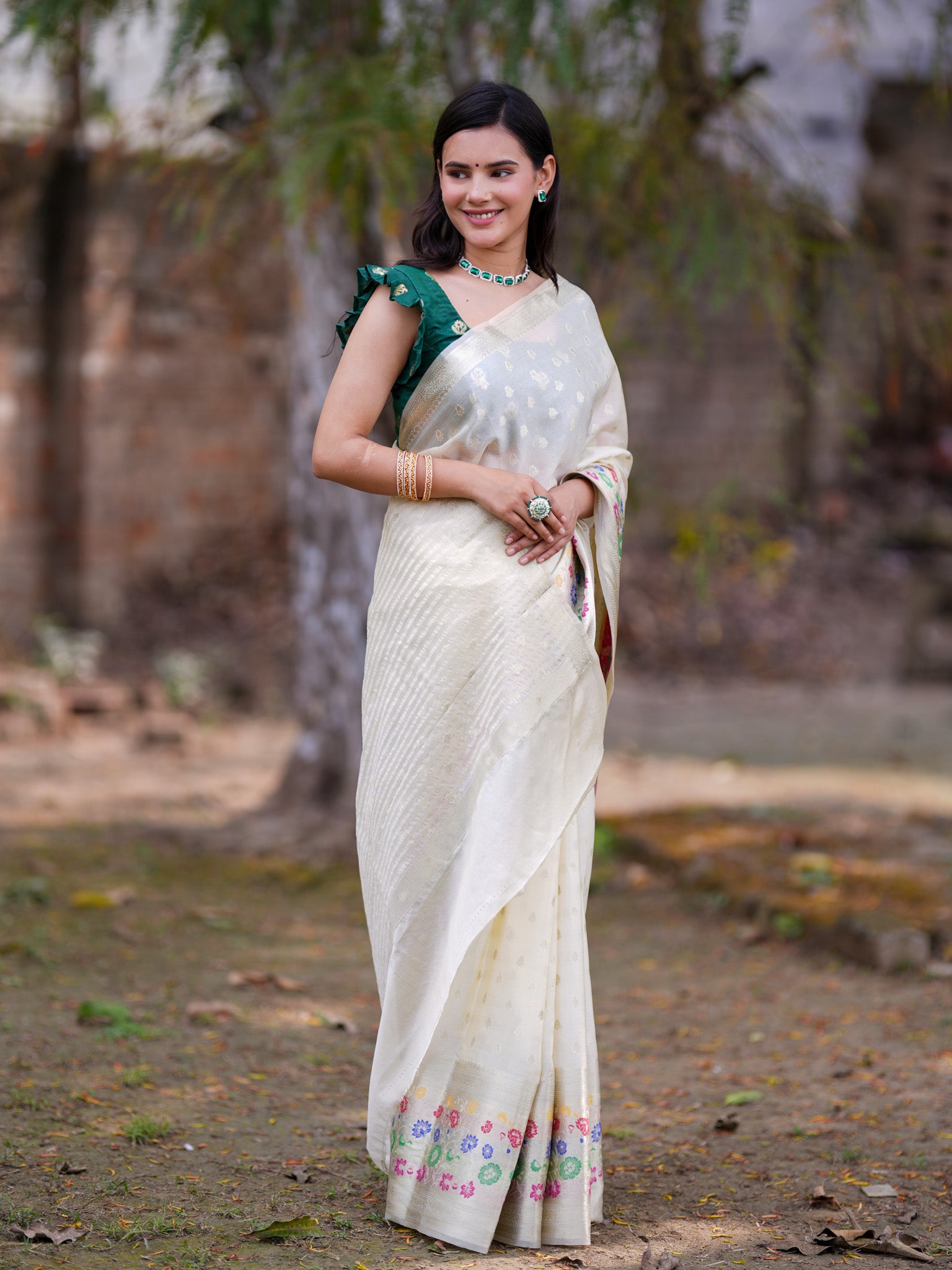Banarasi Kora Saree With Zari Weaving & Meena Border-Off White