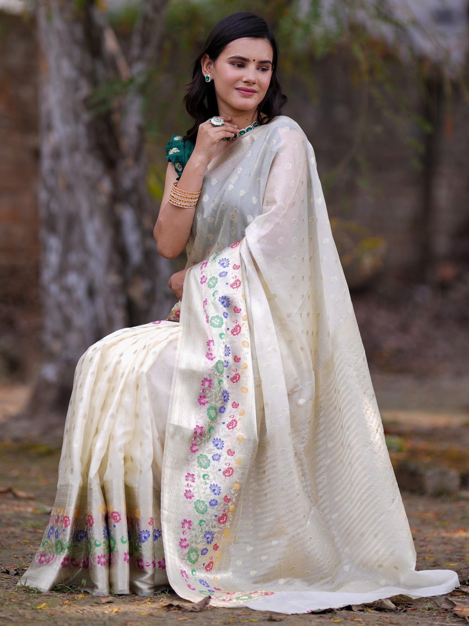 Banarasi Kora Saree With Zari Weaving & Meena Border-Off White