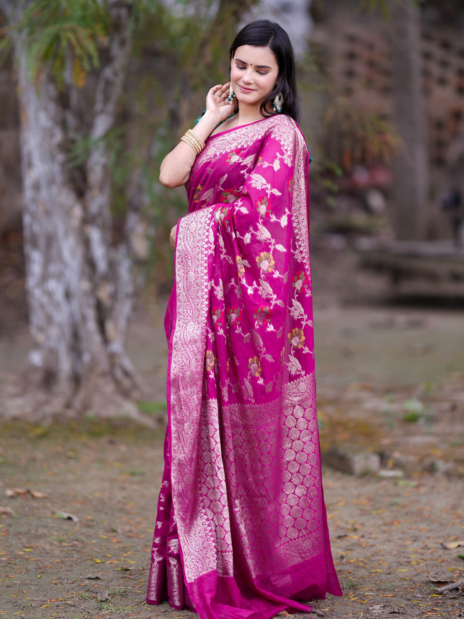 Banarasi Cotton Silk Saree with Floral Weaving & Border-Pink