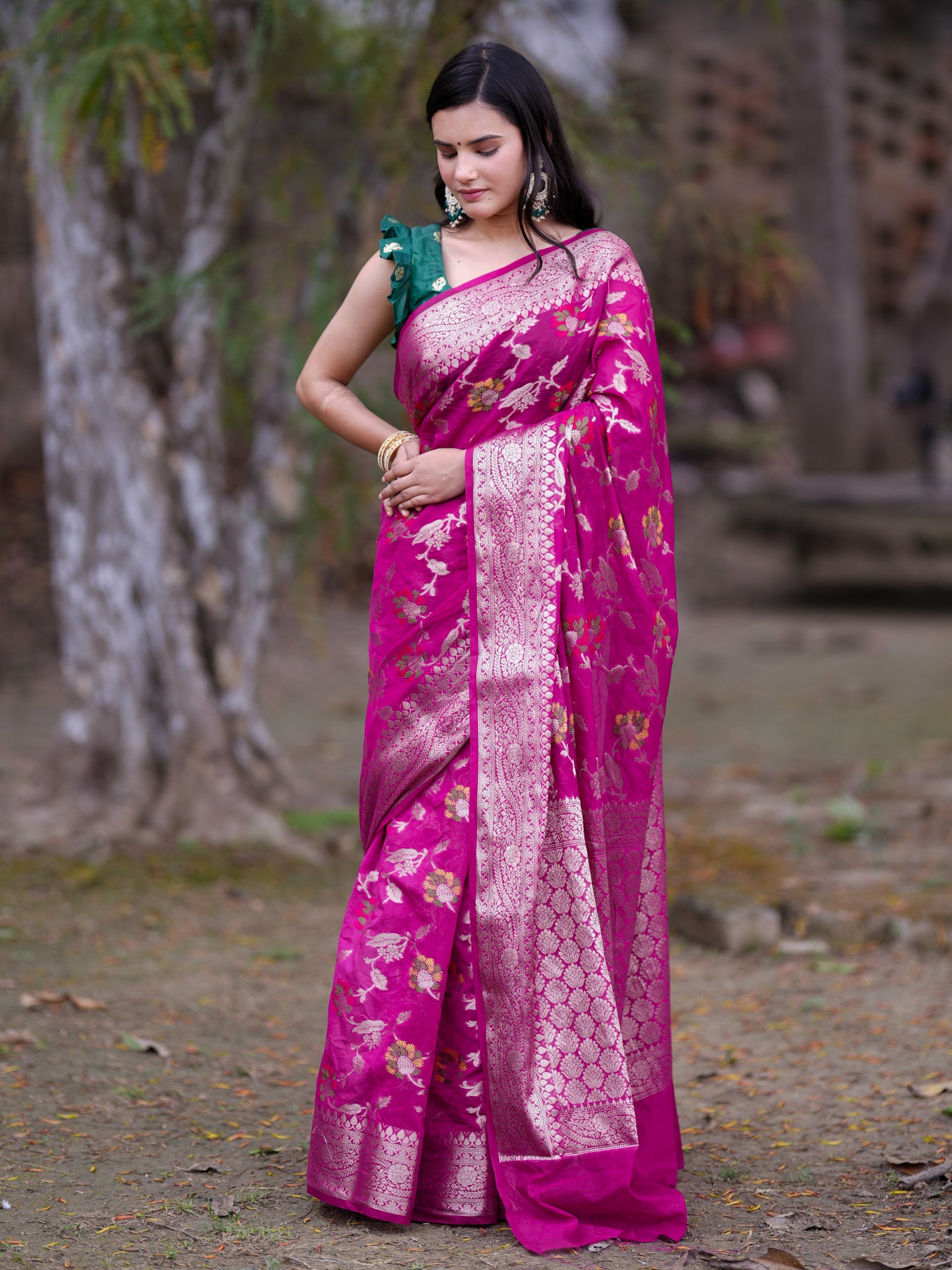 Banarasi Cotton Silk Saree with Floral Weaving & Border-Pink