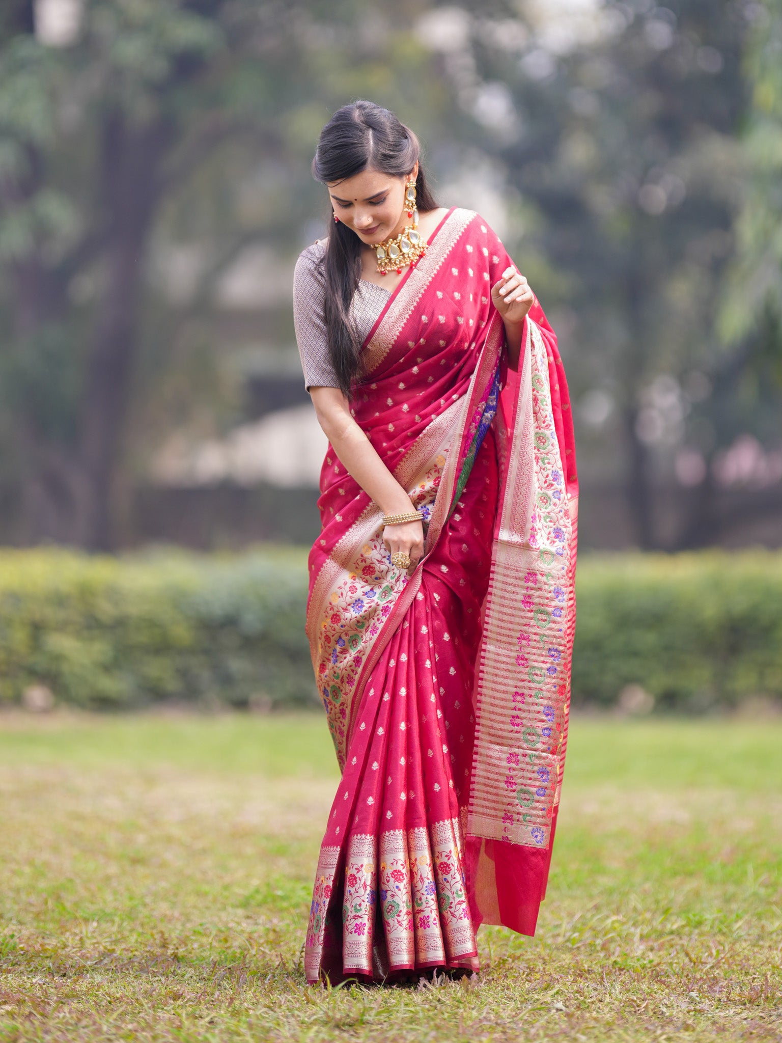 Banarasi Kora Saree With Zari Weaving & Meena Border-Red