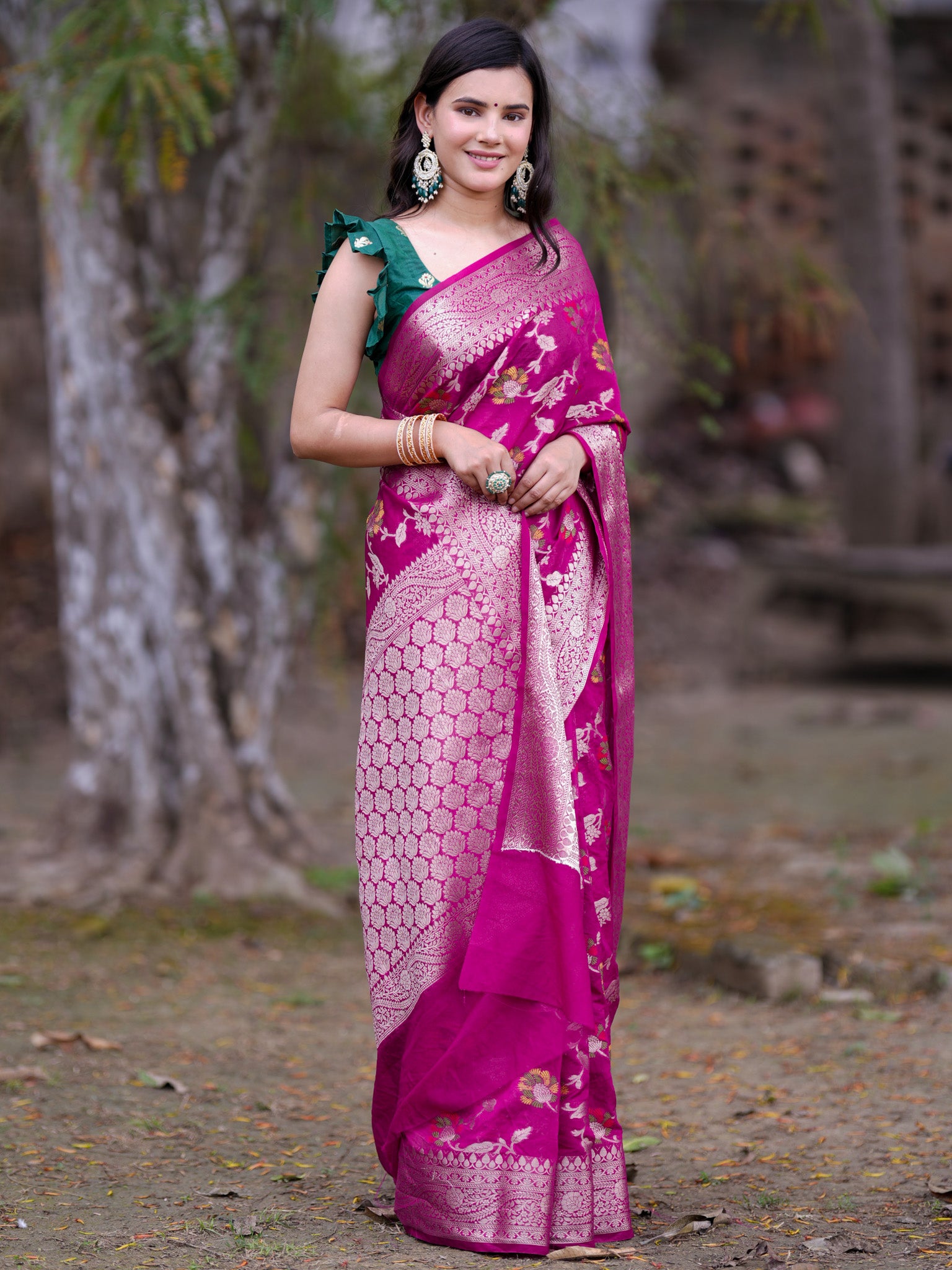 Banarasi Cotton Silk Saree with Floral Weaving & Border-Pink