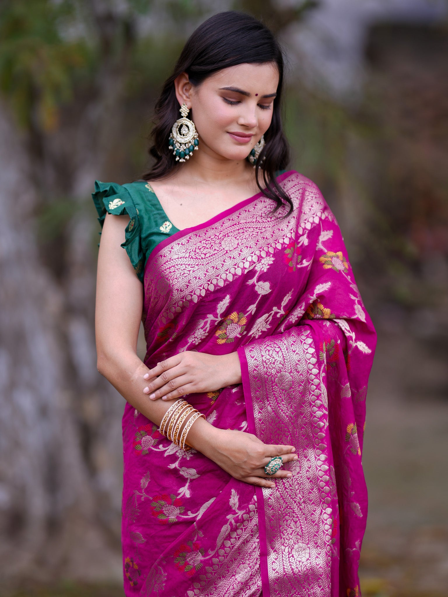 Banarasi Cotton Silk Saree with Floral Weaving & Border-Pink